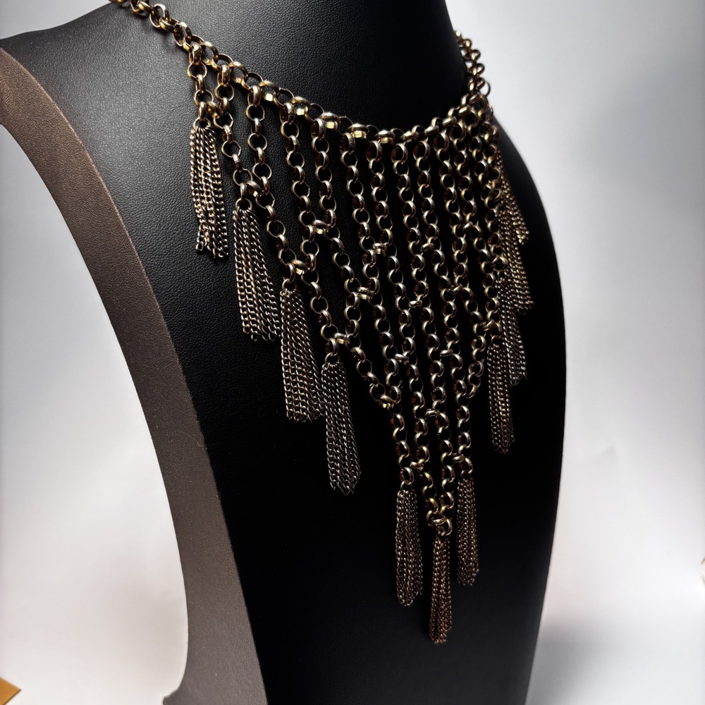 Bib Necklace Gold Tone Draped Chain Tassel Statement Boho Fringe Jewelry - Picture 6 of 9